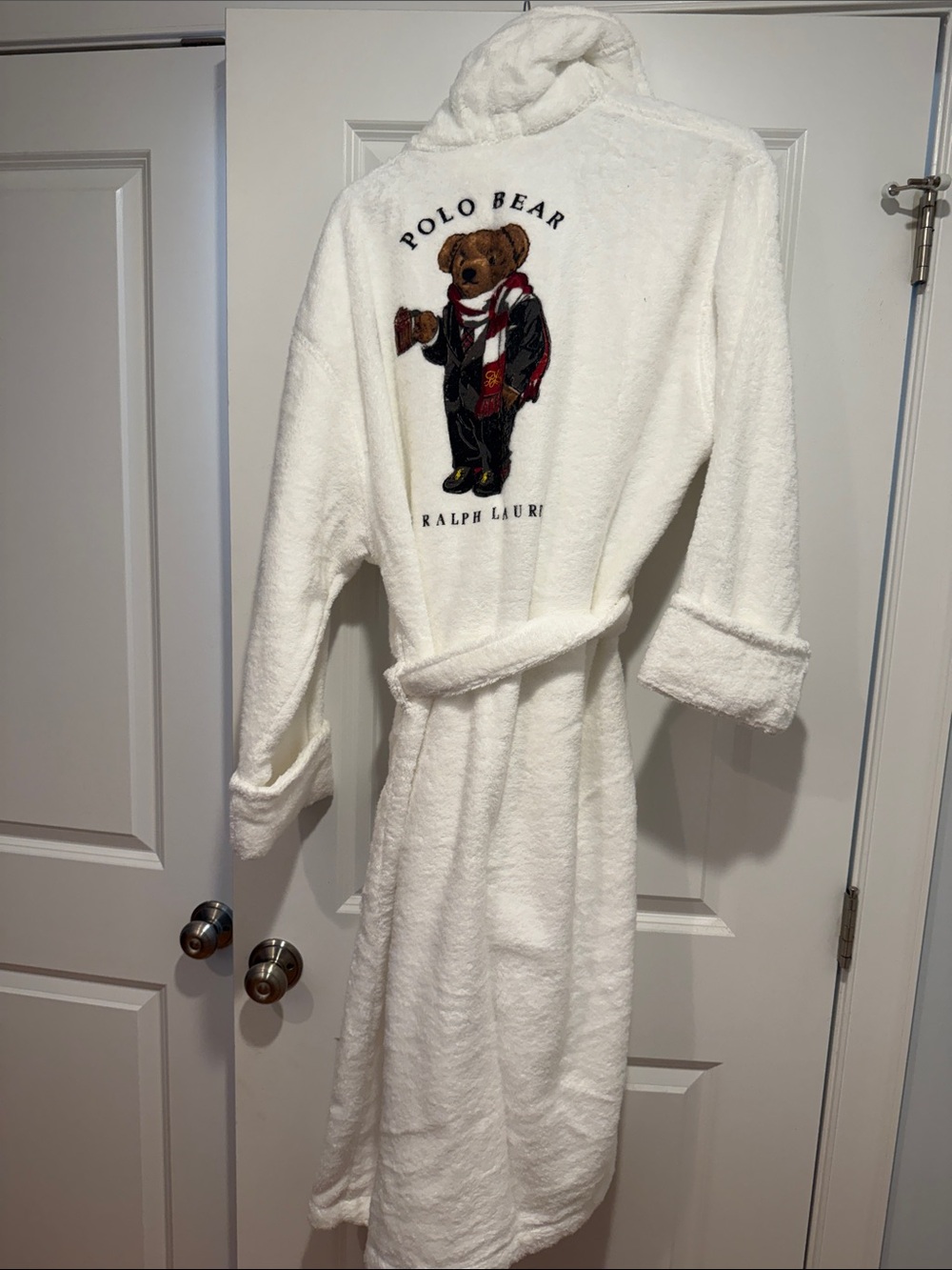 Ralph Lauren White Plush Robe with Polo Bear Embroidery
